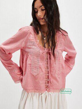 Free People Forevermore Long-Sleeve Blouse Top Lace Pink Cropped XS